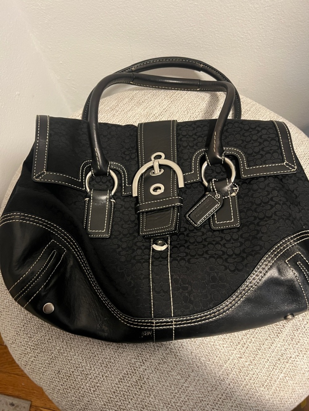 Coach Black Signature Satchel with White Contrast Stitching